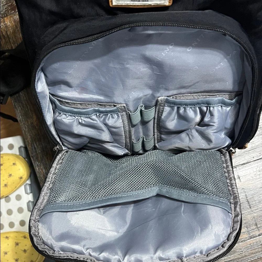 Black Diaper Bag with 16 pockets and Tan Accents